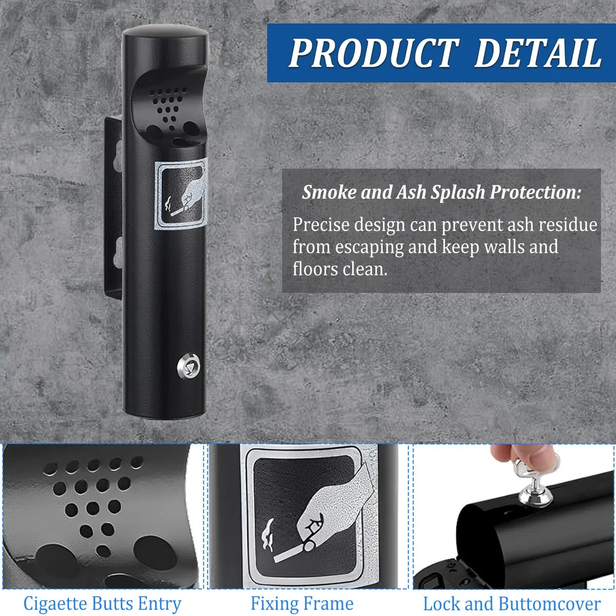 Cenicero montado en la pared, cenicero de pared para exterior, cenicero de pared de acero inoxidable con cerradura, resistente a la intemperie, cenicero de pared tubular público para terraza, hotel