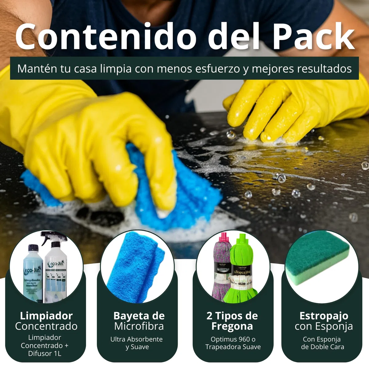 Eco-Jin Pack INTENSE | Difusor | Fregona Optimus | Fregona Trapeadora | Bayeta Microfibra | Estropajo Con Esponja | Limpiador Multiusos