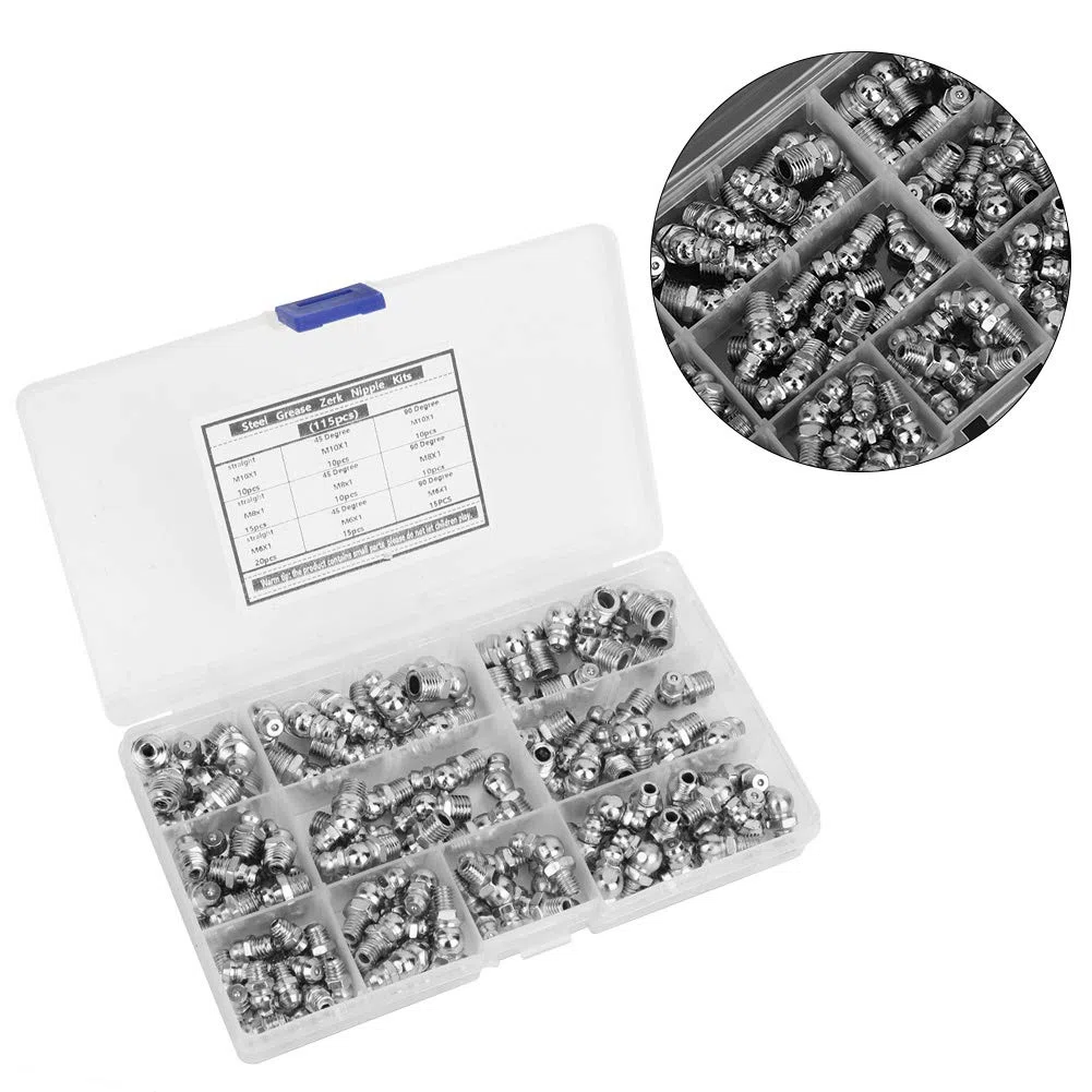 Kit de accesorios de engrase hidráulico de 115 piezas, accesorios de engrasador Zerk de grasa de acero Anticorrosión y antioxidante M6 M8 M10 incluyendo codo de tubo recto