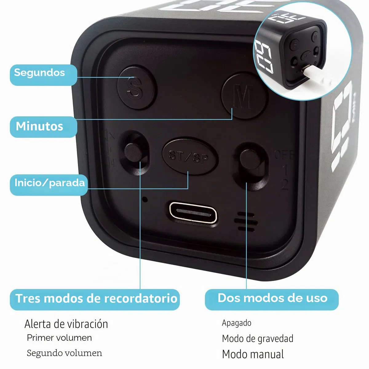 QUMOX Temporizador Cubo 5 10 30 60 Minutos, Temporizador Digital Recargable con Sensor de Gravedad, Modo Manual, Vibración y 2 Niveles de Volumen, Temporizador (Negro)