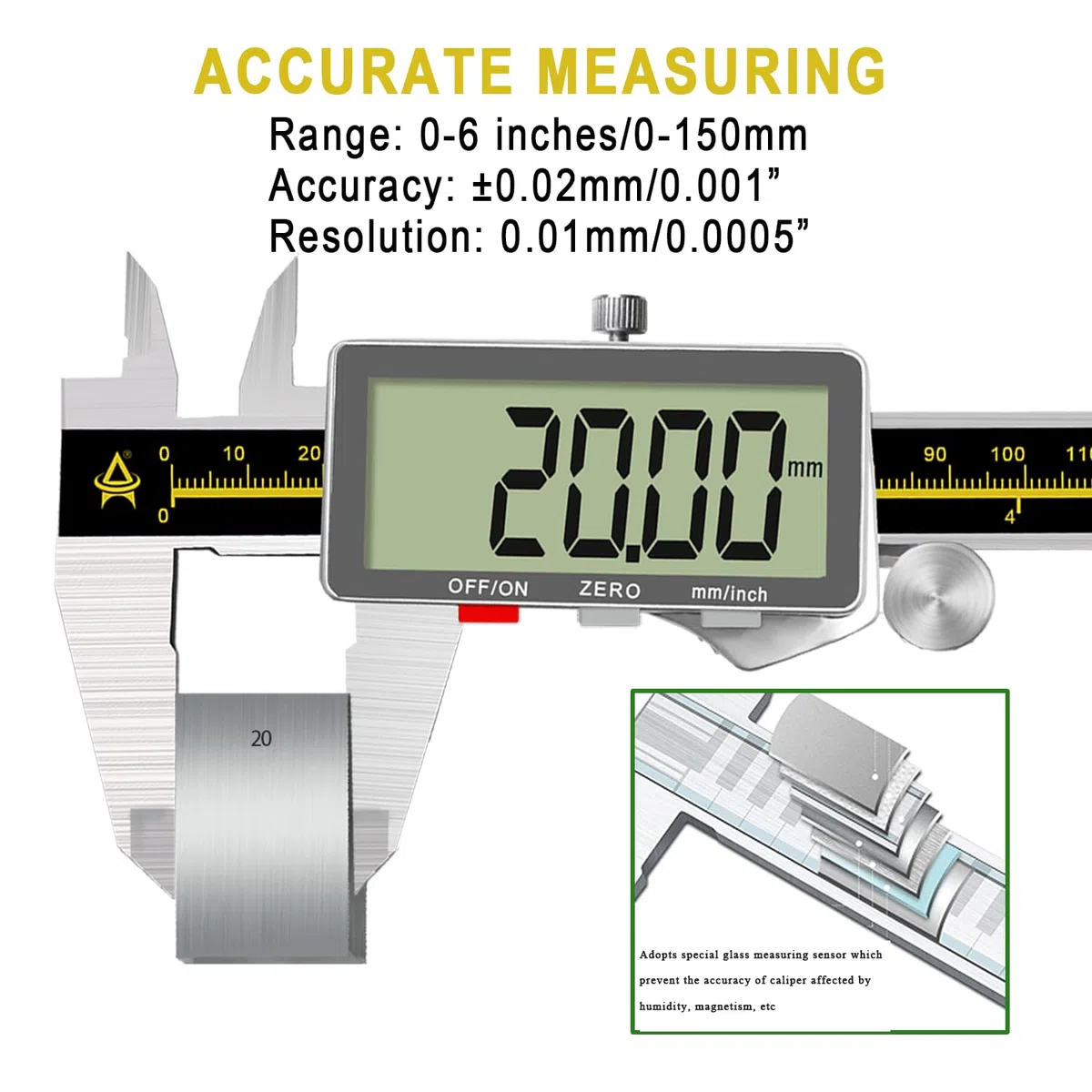 Calibre Digital, Pie de Rey Digital de 150 mm / 6 pulgadas con Pantalla LCD Grande Calibre Paquimetro de Acero Inoxidable, Durable, Medir Diámetro Interno, Diámetros y Profundidad