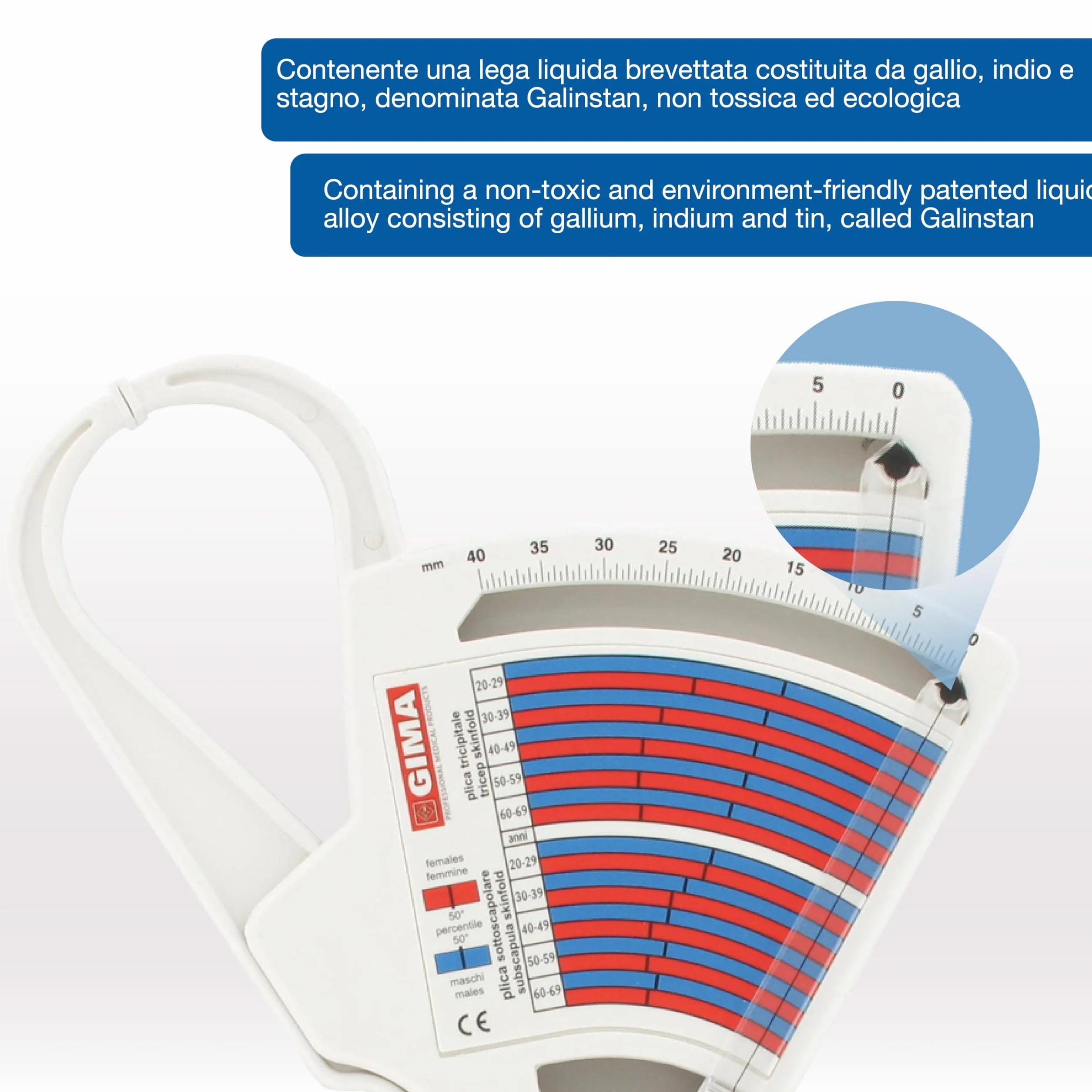 GIMA Plicómetro FAT-1, Instrumento para medir la grasa corporal, Garra de medición de los pliegues cutáneos, Kit de medición de los pliegues cutáneos, Manual multilingüe (IT)