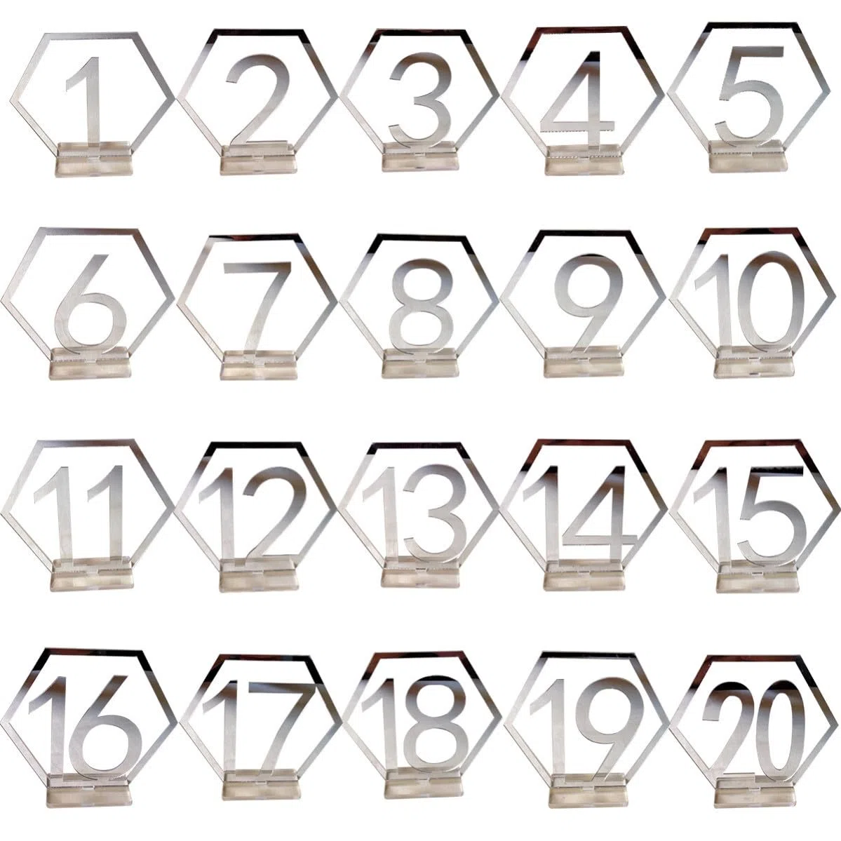 ULTECHNOVO Números de Mesa de Boda Acrílico Espejo Plata del 1 al 20 Soporte, Decoración Elegante para Bodas y Eventos, Material Resistente y Diseño Moderno