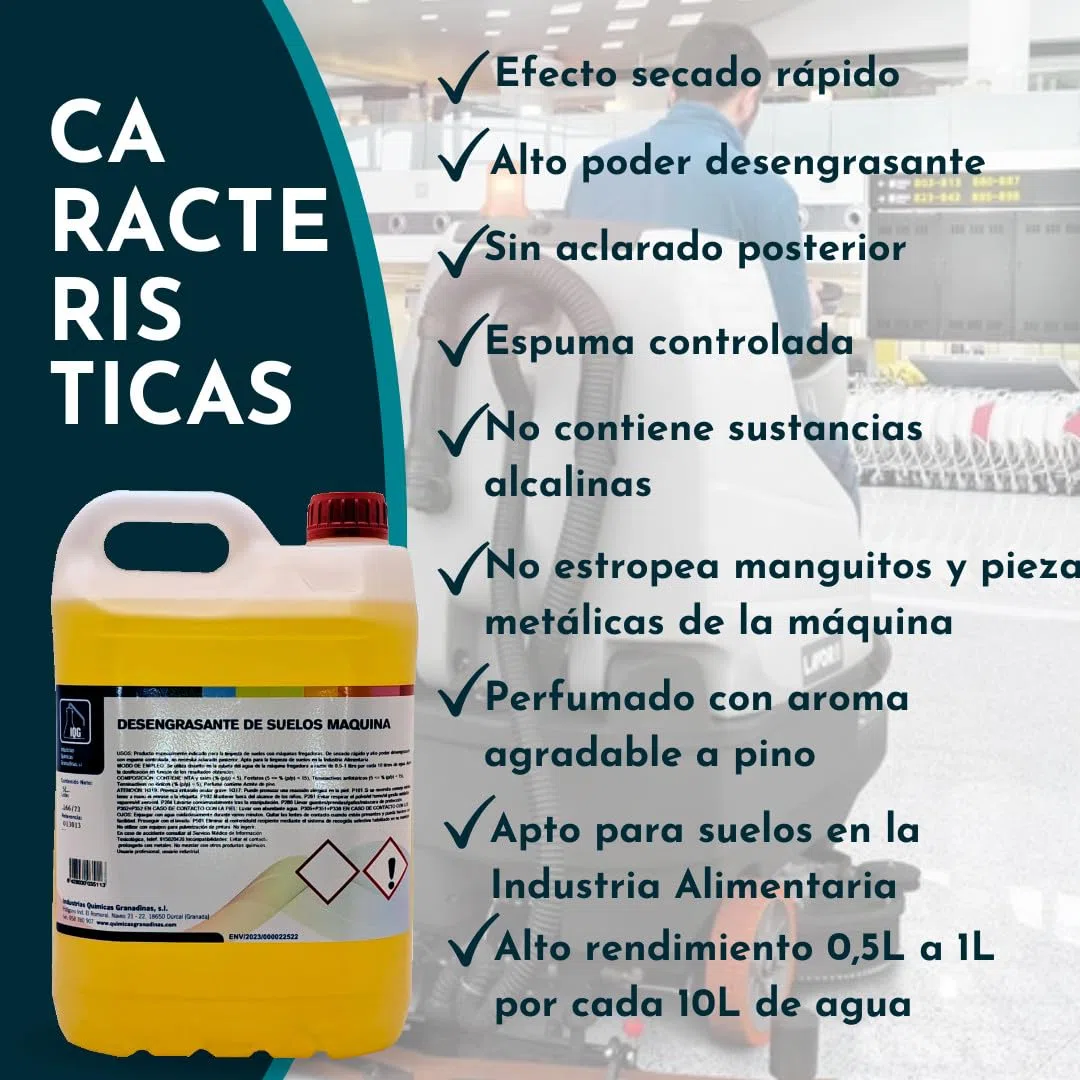 Fregasuelos desengrasantes, 5L Ideal para máquina fregadora, limpieza de suelos profunda y de grandes dimensiones. Suelos industriales, talleres, centros comerciales, parking, hoteles
