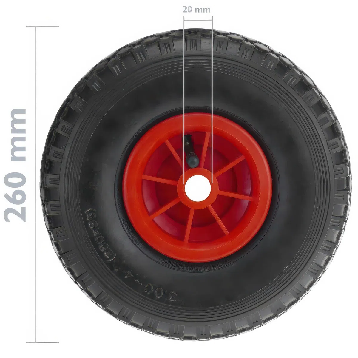 Rueda maciza de carretilla anti-pinchazos, Diámetro 260 mm, Ancho de banda 75 mm, Diámetro agujero del buje, Longitud del Buje 75mm, Capacidad de carga 100 Kg, Diámetro de 260 mm