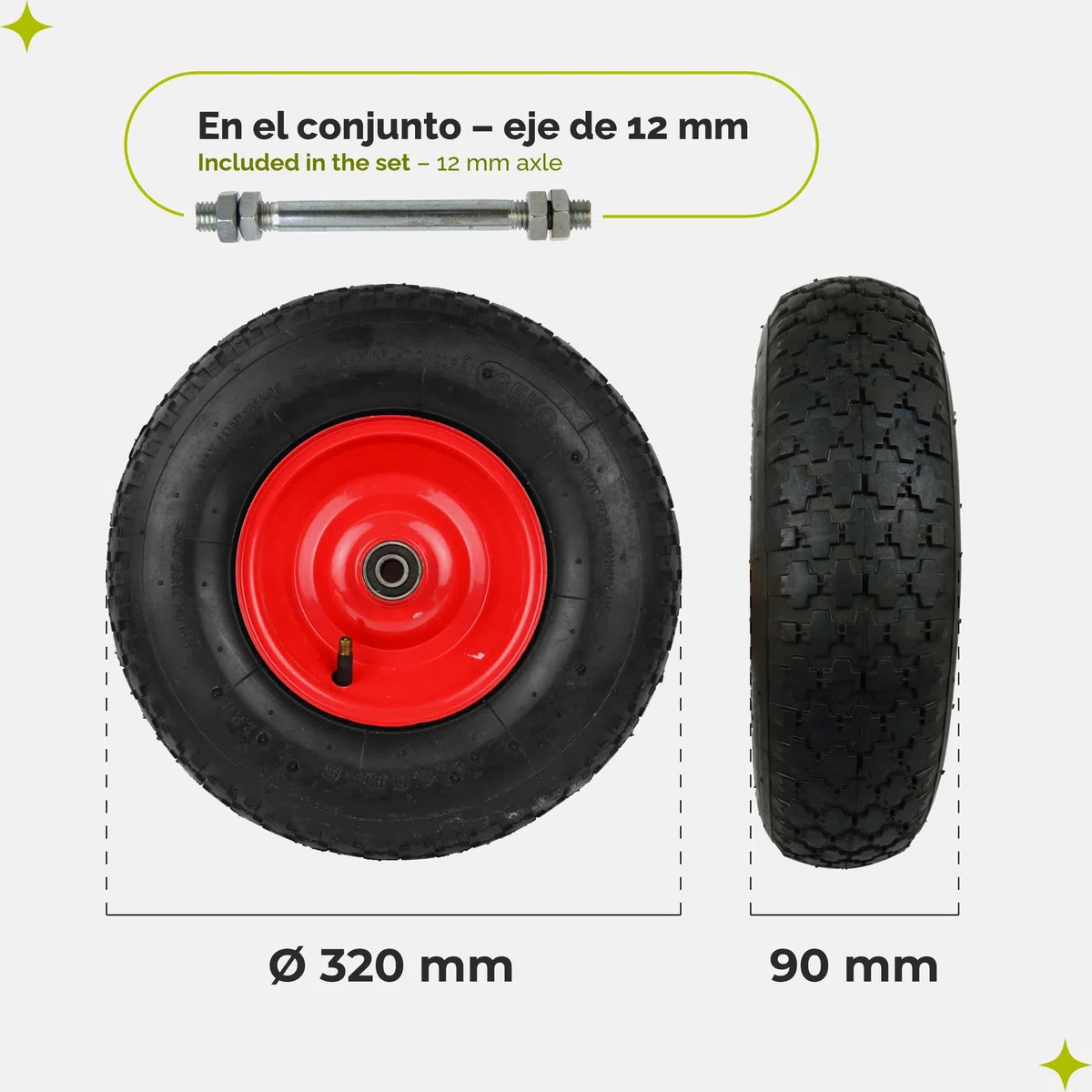 Garronda Rueda inflable 4.00-6 – Rueda Carretilla con Neumático, Cámara con Válvula, llanta metálica y Rodamientos – 2PR Ø320mm hasta 136 kg – Para Carretillas de obra y de jardín (Negro-Rojo)