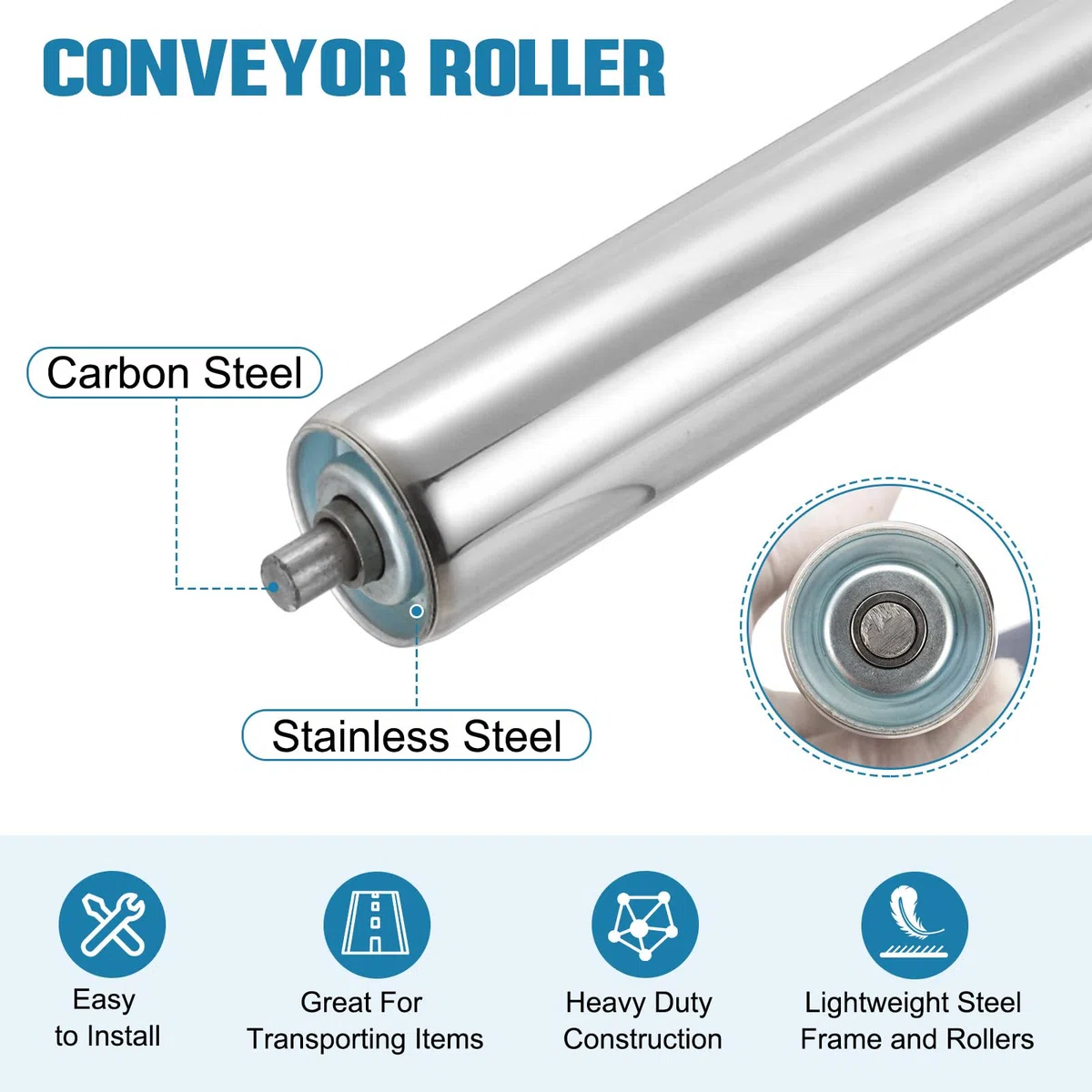QUARKZMAN Rodillo Transportador de Acero Inoxidable 50mm Diámetro 400mm Longitud Pieza de Reemplazo para Transmisión por Gravedad con Extremos Galvanizados (Plateado)