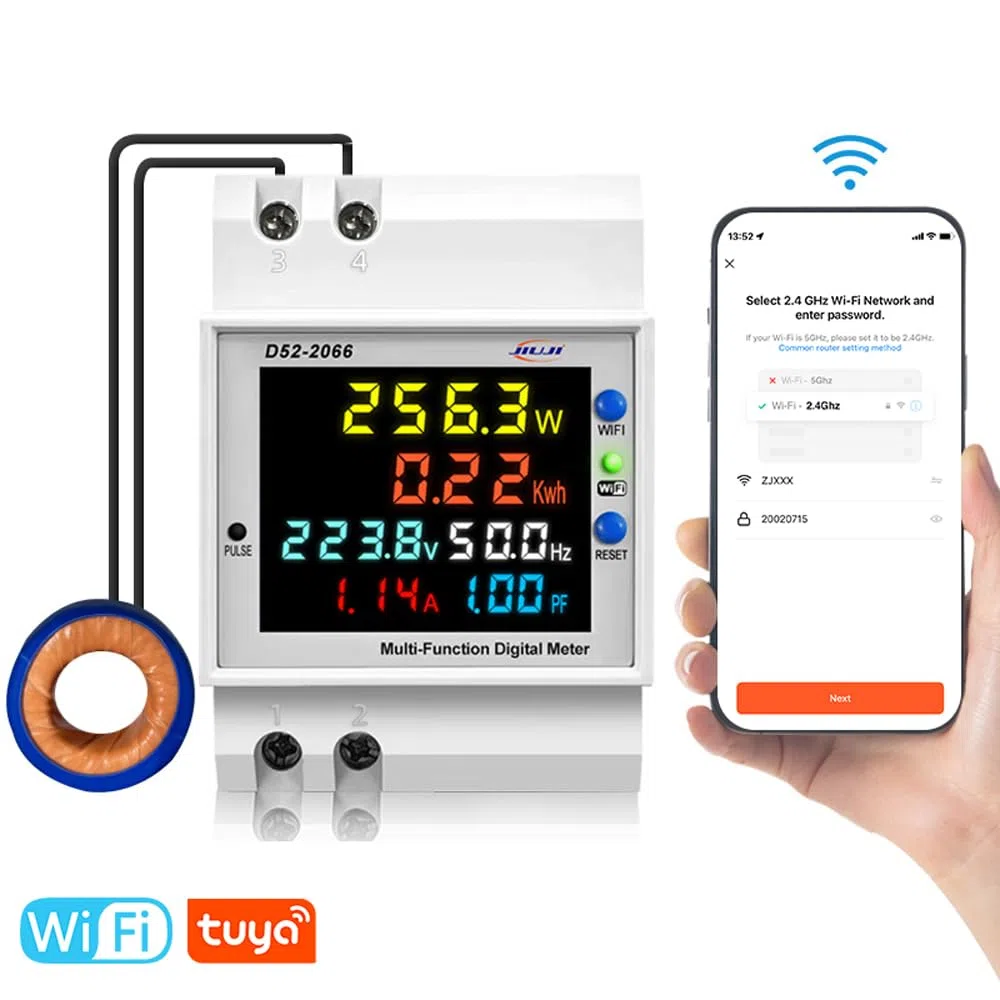 Dioche Medidor de Electricidad con Pantalla Digital Inteligente para el Hogar WiFi | D52-2066 Medidor de Frecuencia de Factor de Potencia Multifunción | Función de Memoria de Monitoreo Remoto y