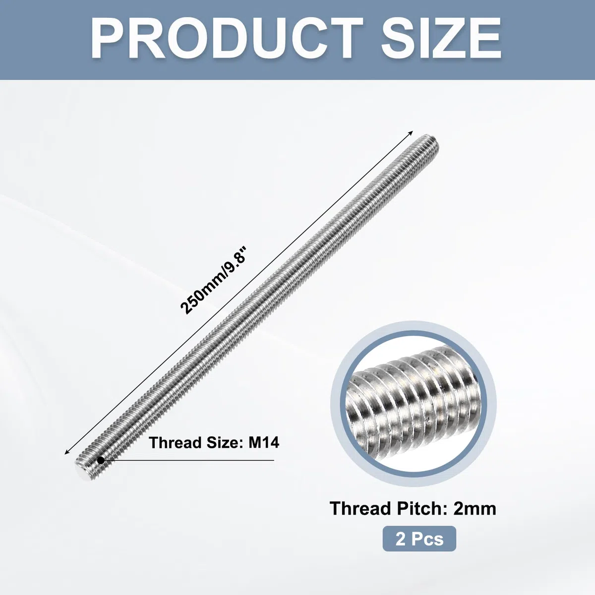 QUARKZMAN M14 x 250mm Varilla Roscada Completa, 2mm Paso Perno Roscado de Tornillo de Acero Inoxidable Barra de Rosca a la Derecha para Industrial Máquinas Herramienta de Precisión, 2pcs