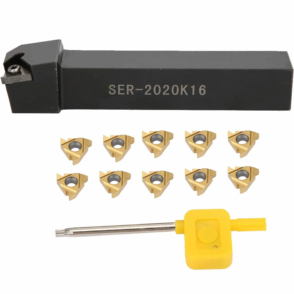 Conjunto Herramientas Torneado CNC SER2020K16, 10 Insertos 16ER AG60, Portaherramientas Mango 20x20mm, Barra Mandrinar 125mm, Llave T15 para Fresado y Corte Preciso