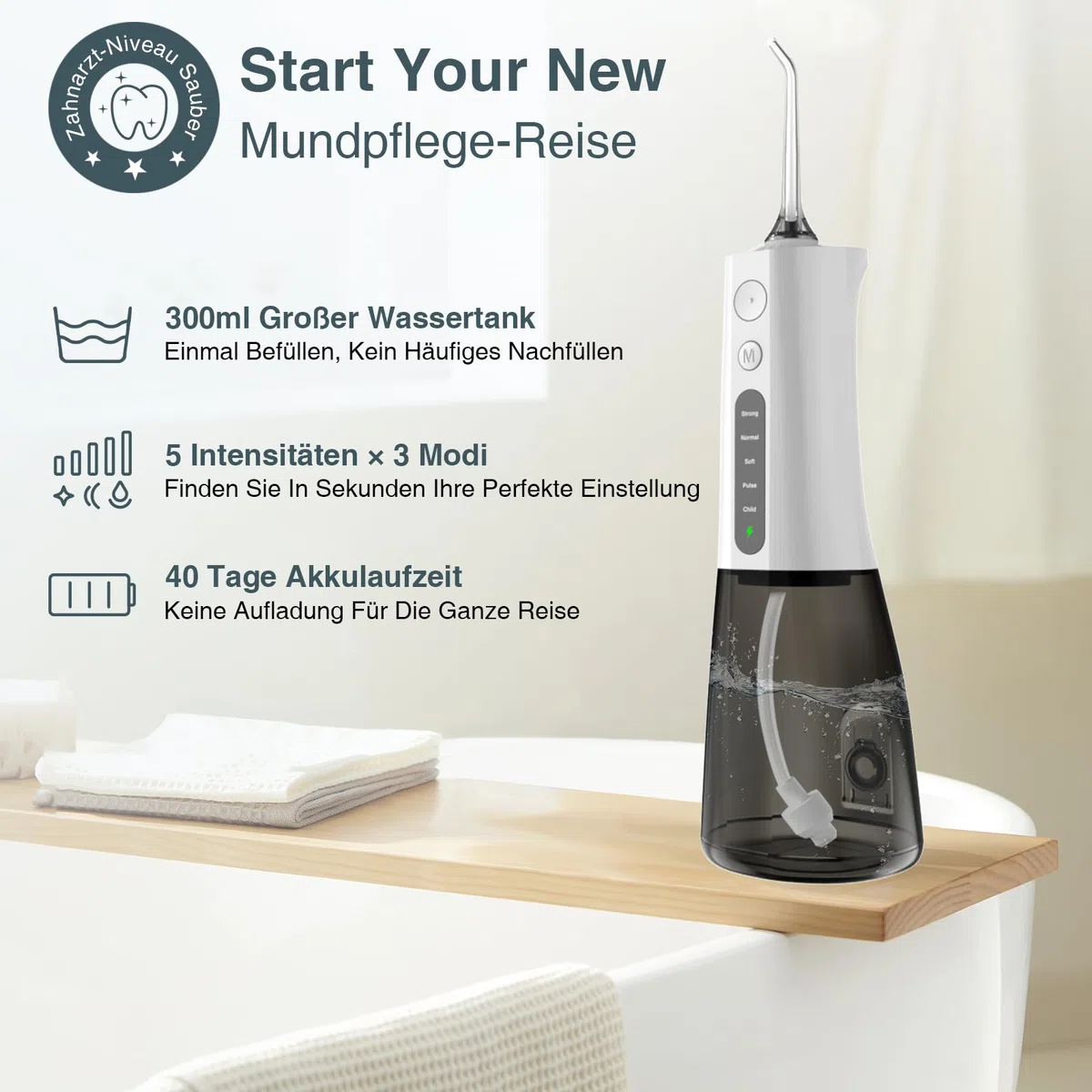 SURFOU Irrigador Dental Portatil Bucal Viaje, Limpiador Dientes Agua Presion Irrigadores Dentales Bucales, Water Flosser for Teeth Limpieza, Profesional Inalambrico Irrigador-dental Con Irradiador