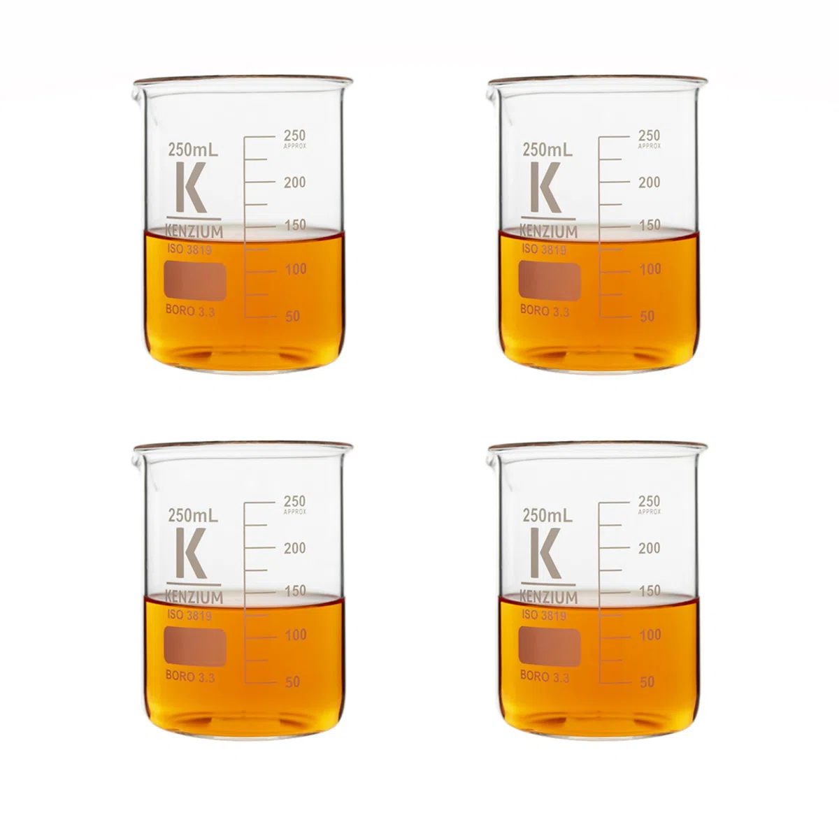 KENZIUM - Pack 4 vasos vasos de precipitados | Volumen: 250 ml | Vidrio borosilicato 3.3 | Forma baja | Graduado, con boquilla vertedera, para todo tipo de muestras | Alta resistencia, autoclavable
