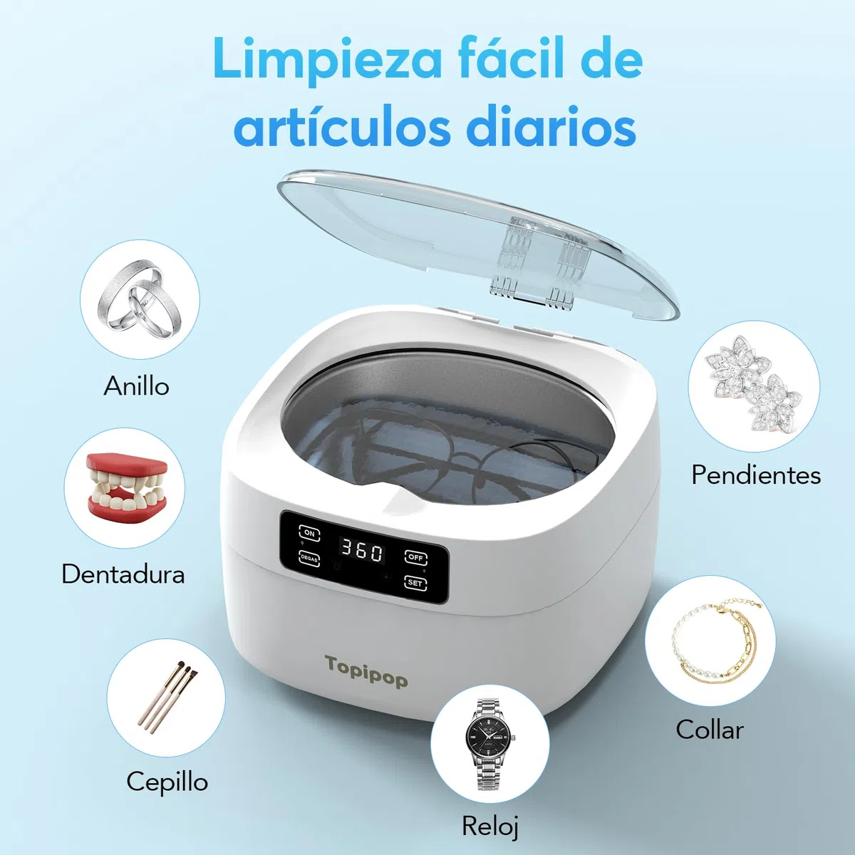 Topipop Dispositivo de limpieza ultrasónica, 48000 Hz, limpiador ultrasónico, 750 ml, limpiador ultrasónico de 5 modos, para limpiar gafas, joyas, relojes, anillos, cuchillas de afeitar, etc. (blanco)