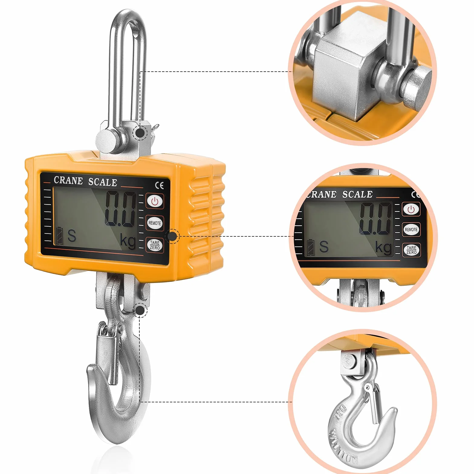 Balanzas colgantes Peso digital 2200lbs/1000kg Industrial Escala de grúa Escalas colgantes resistentes para granjas Escala colgante electrónica portátil 1T (Yellow)