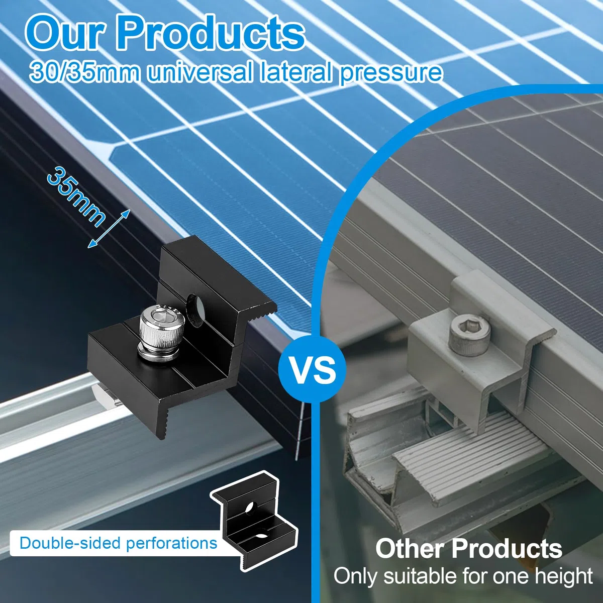 EXLECO Juego de 12 Abrazaderas de Extremo para Placas Solares 30 - 35mm, Soporte Panel Solar, Fijación para Módulos PV, Soporte para Placa Solar de Aluminio en Perfil de Rail Solar, Negras