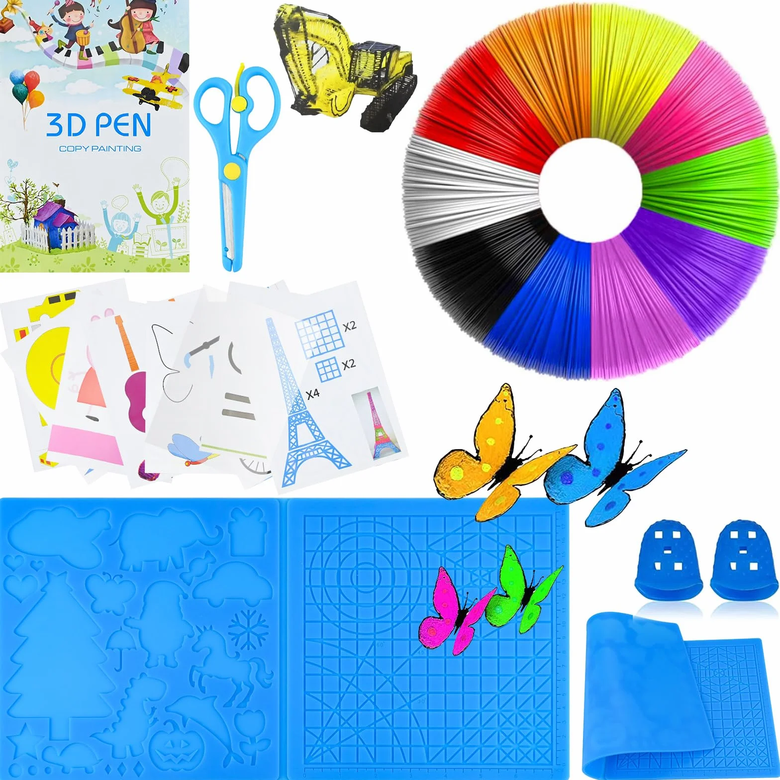 Set de accesorios para bolígrafo 3D, plantilla para bolígrafo de impresión 3D, filamento PLA para bolígrafo 3D, plantilla con 2 dedales y tijeras, accesorios para bolígrafos de impresión 3D para niños