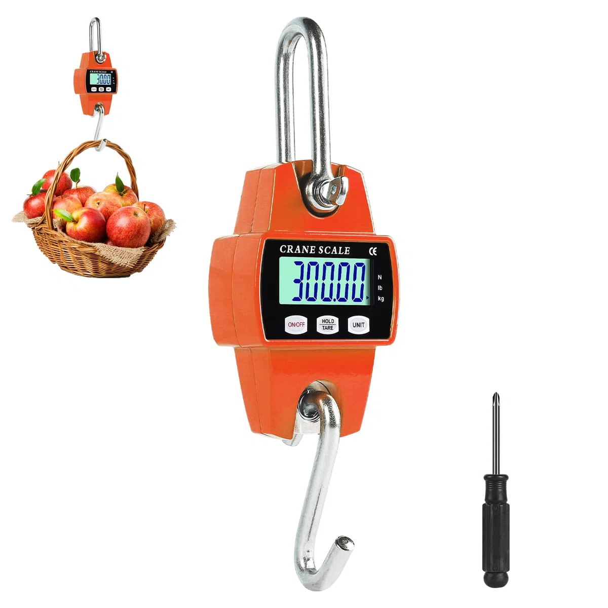 EFUTURETIME Báscula Digital Colgante 300kg, Báscula de Grúa Electrónica Industrial de Industrial con Sensor Preciso y LCD Portátil para Caza, Pesca, Granjas, Fábricas y Muelles, Naranja