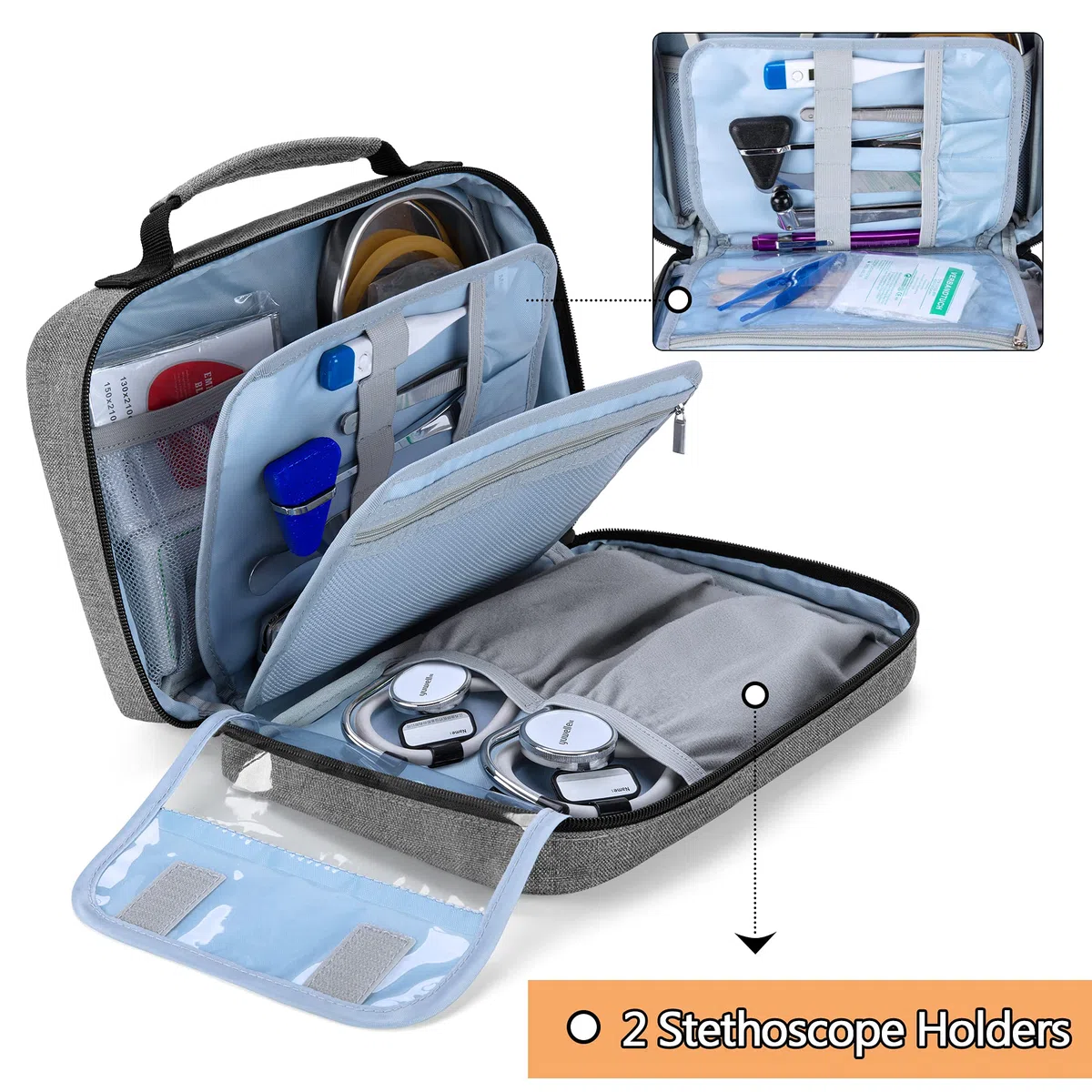 Damero Estuche de Transporte para 2 Estetoscopios, Estuche para Estetoscopio Portátil compatible con el Estetoscopio Littmann/ADC/Omron de 3M y Accesorios de Enfermería, Gris