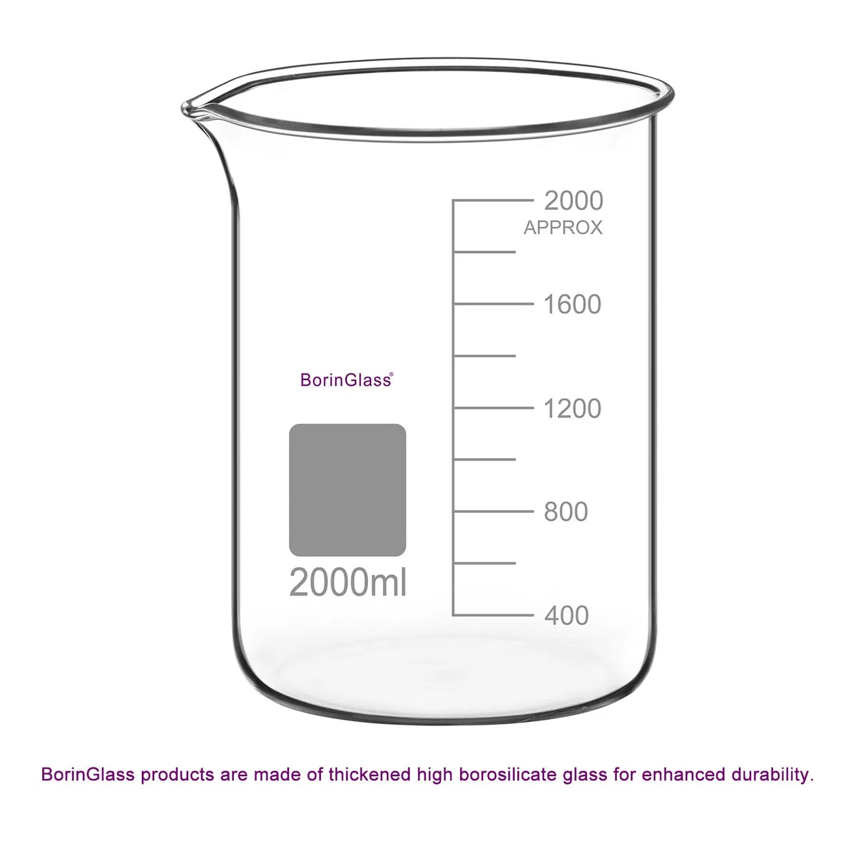 BorinGlass Vaso de Precipitados de Vidrio de Borosilicato de 2000 Ml, Vaso Medidor Griffin de Forma Baja Graduado con Pico Antigoteo para Vertido Y Mezcla Precisos en Experimentos de Laboratorio