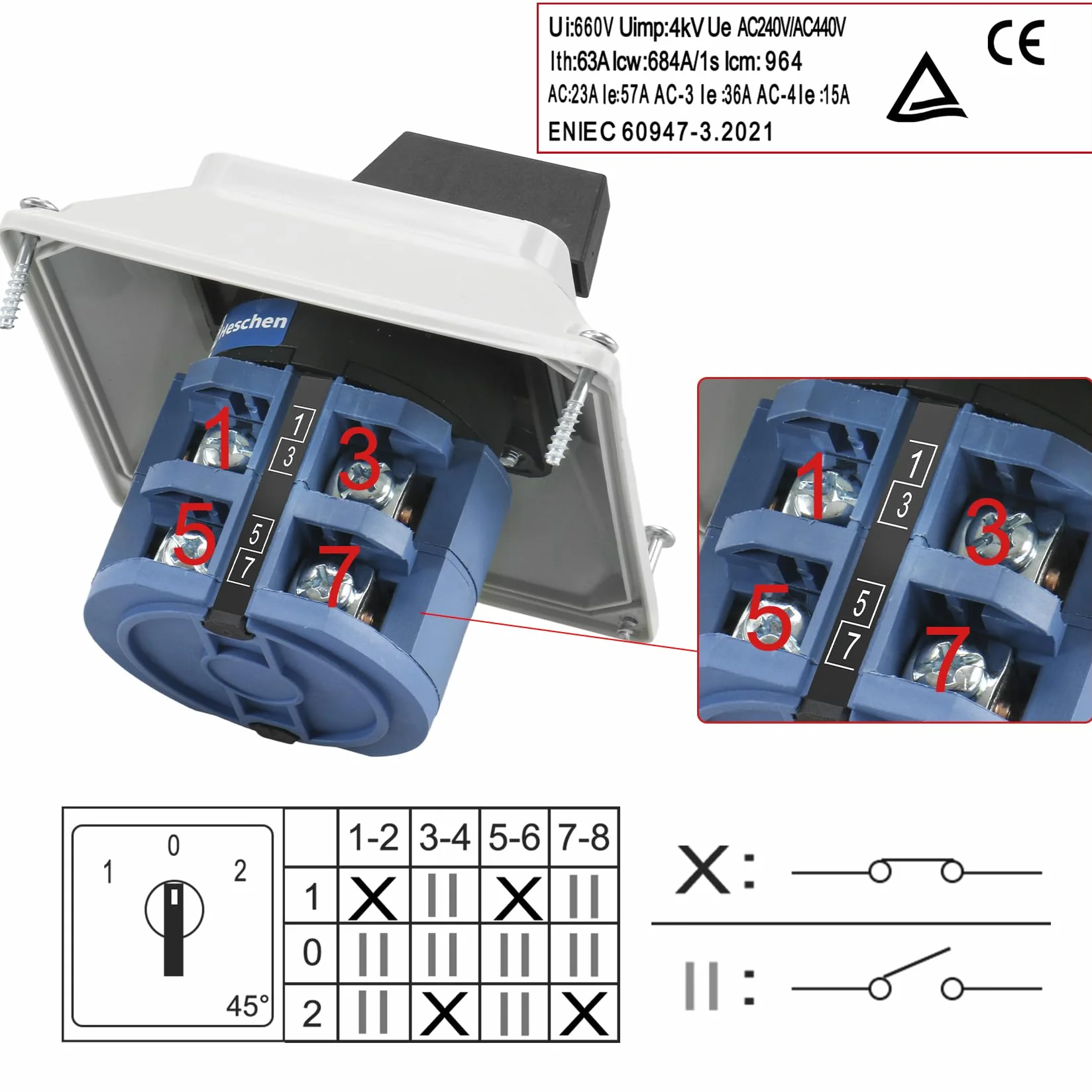 Heschen SZW26-63/D202.2D - Interruptor de cambio universal para selector de levas, 660 V, 63 A, ON-OFF-ON, 3 posiciones, 2 fases, 8 terminales, con interruptor principal, caja externa, CE