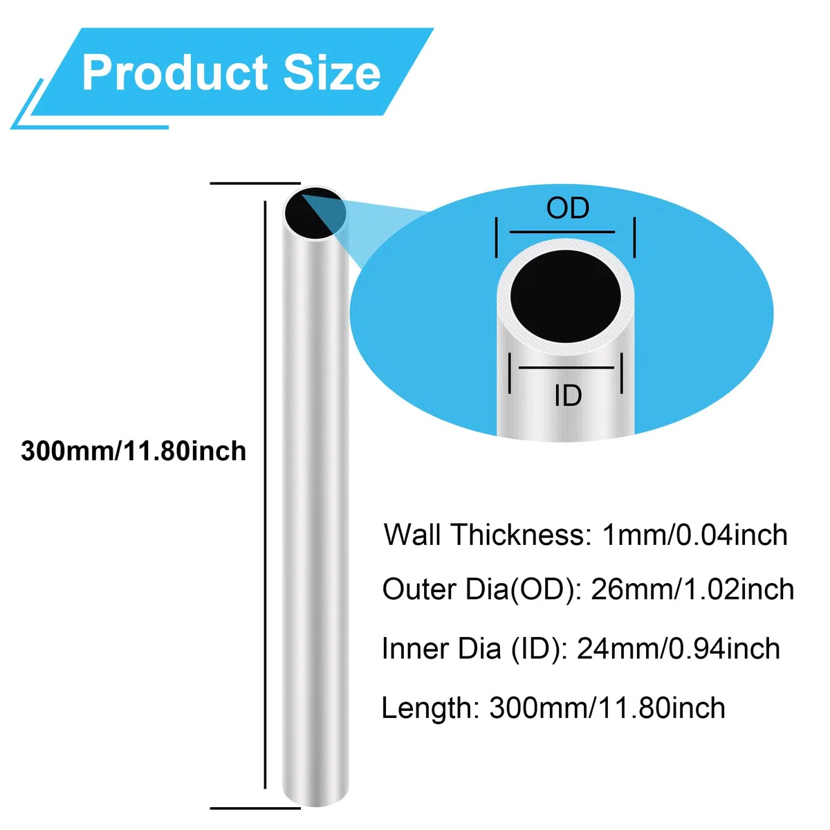 6063 Tubos de aluminio 26 mm OD/diámetro exterior x 1,0 mm de grosor de pared, 300 mm de longitud, tubo redondo de aluminio tubos rectos sin costuras (2 unidades)