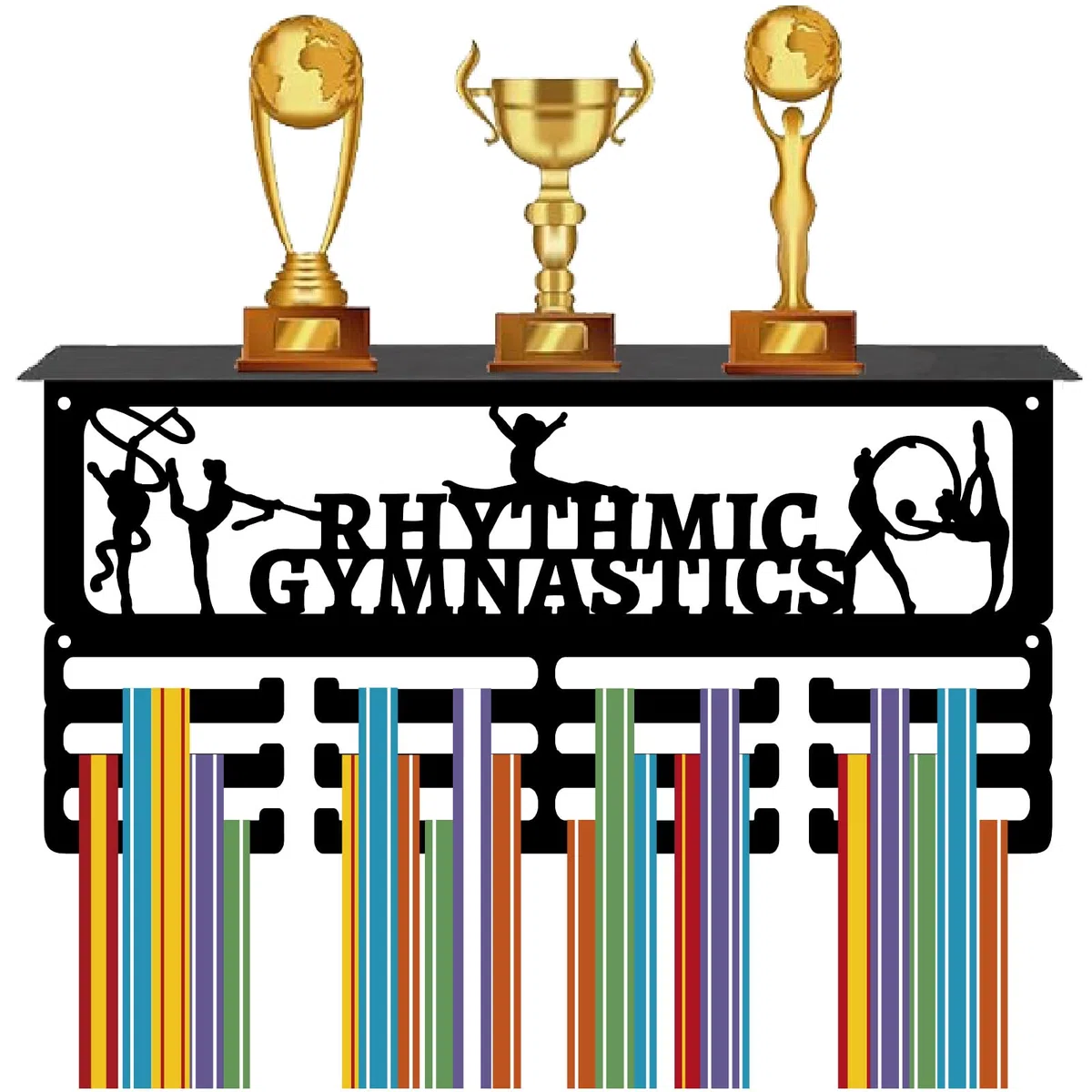 CREATCABIN Estante para Exhibir Medallas de Gimnasia, Soporte para Trofeos, de Metal Negro, de Hierro, para Montar En la Pared, con Capacidad para 60 o Más Medallas, Premios, Cintas, Perchero con 12 g
