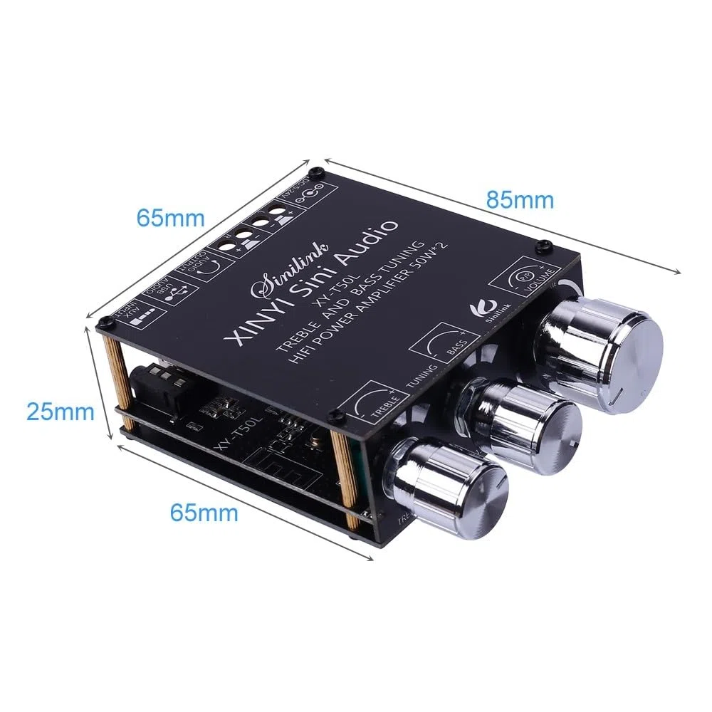 Tablero amplificador Bluetooth, DC 5V-26V amplificador de audio módulo 2.0 canal 50W* 2 BLE5.0 agudos graves AUX/U-disco de audio APP controlador
