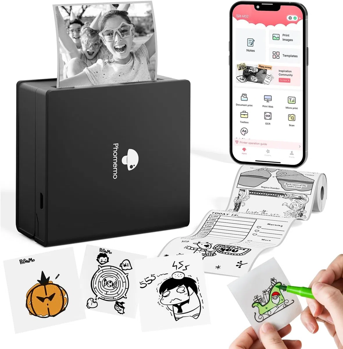 Phomemo M02 Mini Impresora Térmica,Bluetooth Impresora de Bolsillo Inalámbrica Sin Tinta,Impresora Fotos Portatil de Pegatinas para iPhone y Android,Maquina Pegatinas para Notas,Fotos,etc,Negro