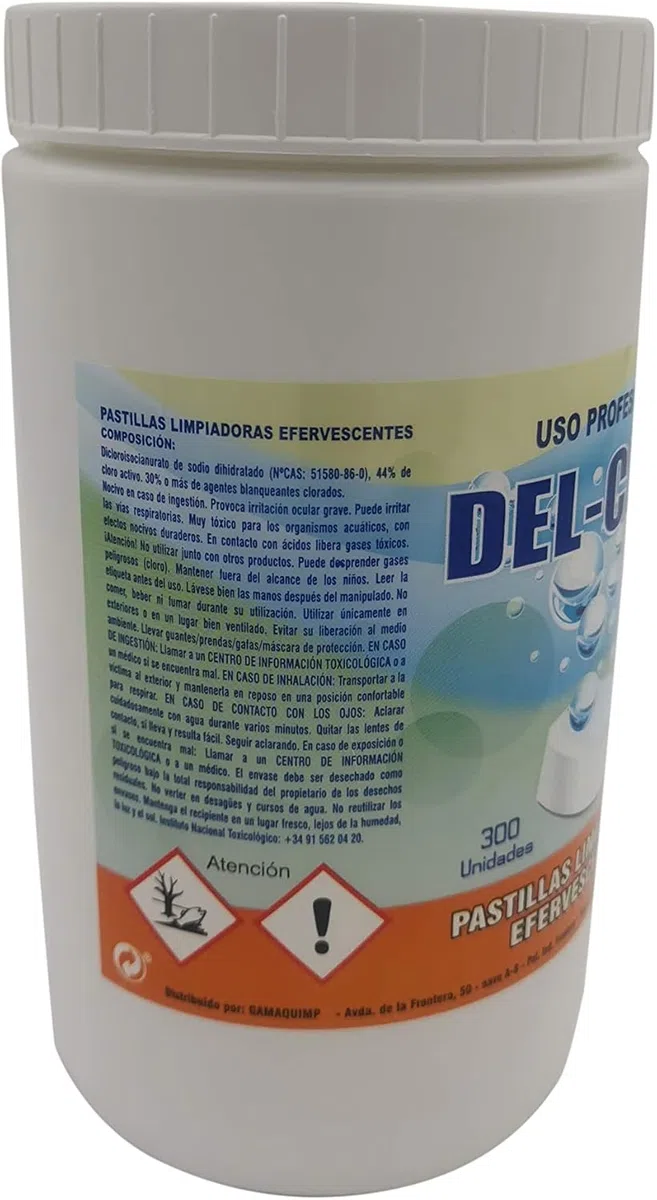 Lejía en pastillas. Bote de 300 pastillas limpiadoras efervescentes, blanqueadoras y eliminadora de olores. 1 kg.