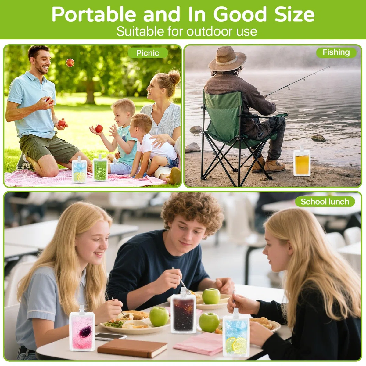 100 bolsas de bebidas de 100 ml para festivales, frascos de plástico recargables con 4 embudos, a prueba de fugas, bolsas transparentes para líquidos fríos y calientes, fiestas, viajes