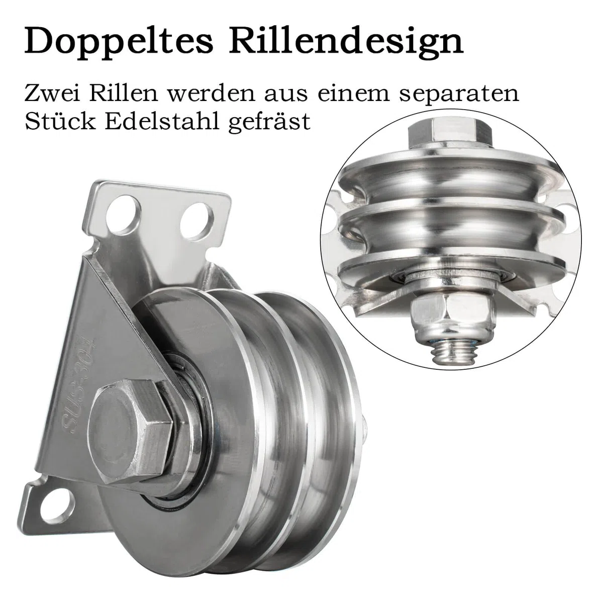 Polea doble con 2 rodamientos de bolas, polea de acero inoxidable, poleas para cuerdas de 8 mm, cable de acero, capacidad de carga de 500 kg, 1 pieza