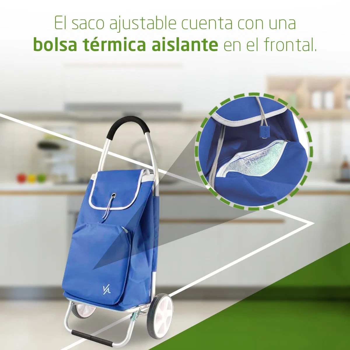Amig - Carro de la Compra de 2 Ruedas - Bolsa Ajustable - Aluminio Ligero - Carga Máxima 15kg - Capacidad de 50 L - Medidas: 95 x 45,5 x 12 cm - Color: Azul