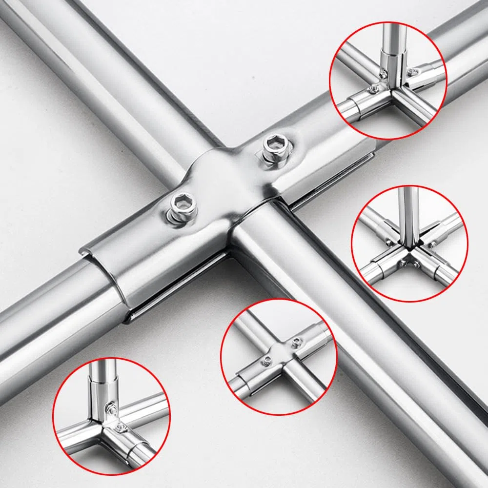 Conector de tubería estructural, abrazadera plana plateada de 4 vías para valla de eslabones de cadena de acero inoxidable, accesorios de tubería para tubo redondo de 25 mm, paquete de 4