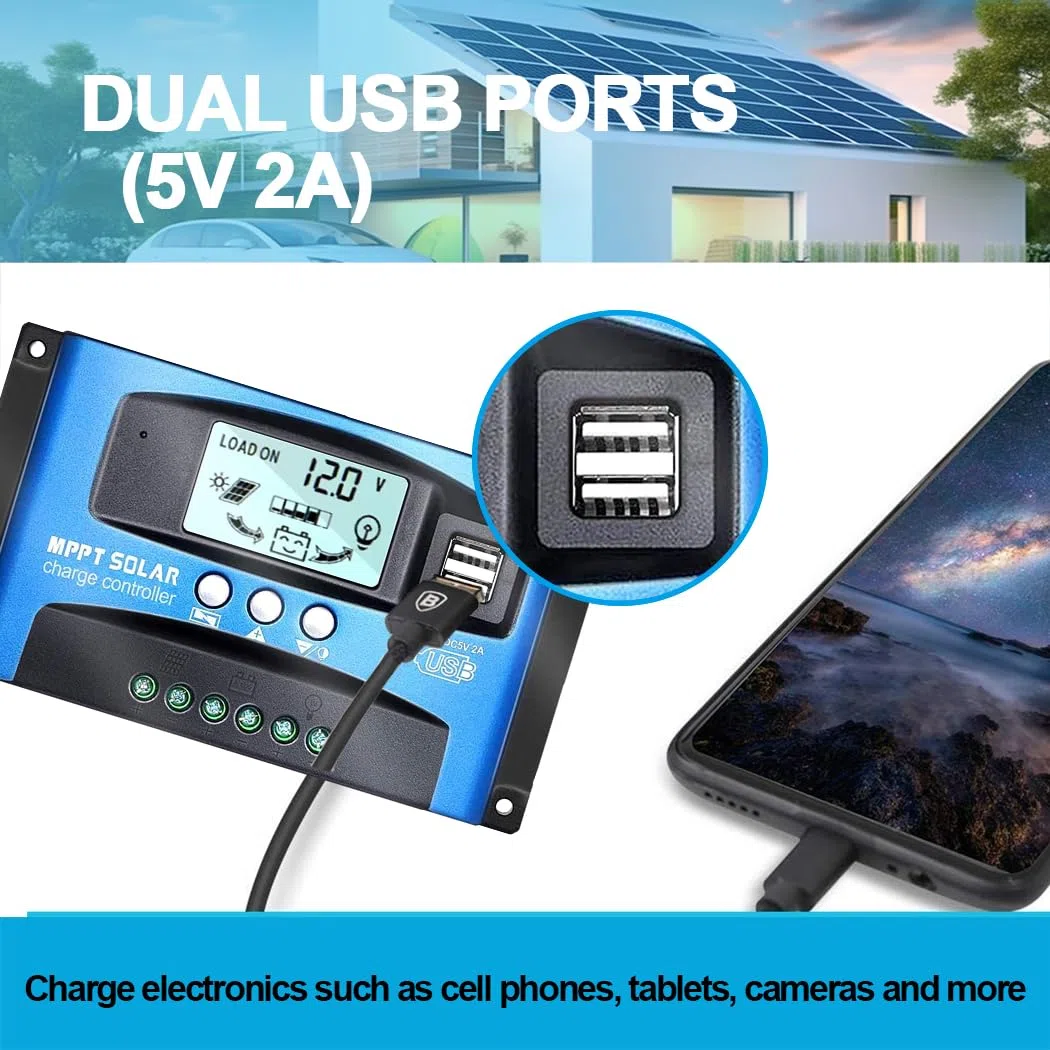 Y&H 100A MPPT Solar Controlador de Carga,12V 24V Panel Solar Batería Regulador Inteligente con Pantalla LCD Dual USB,Múltiples Modos de Control de Carga Pantalla LCD Ajustable
