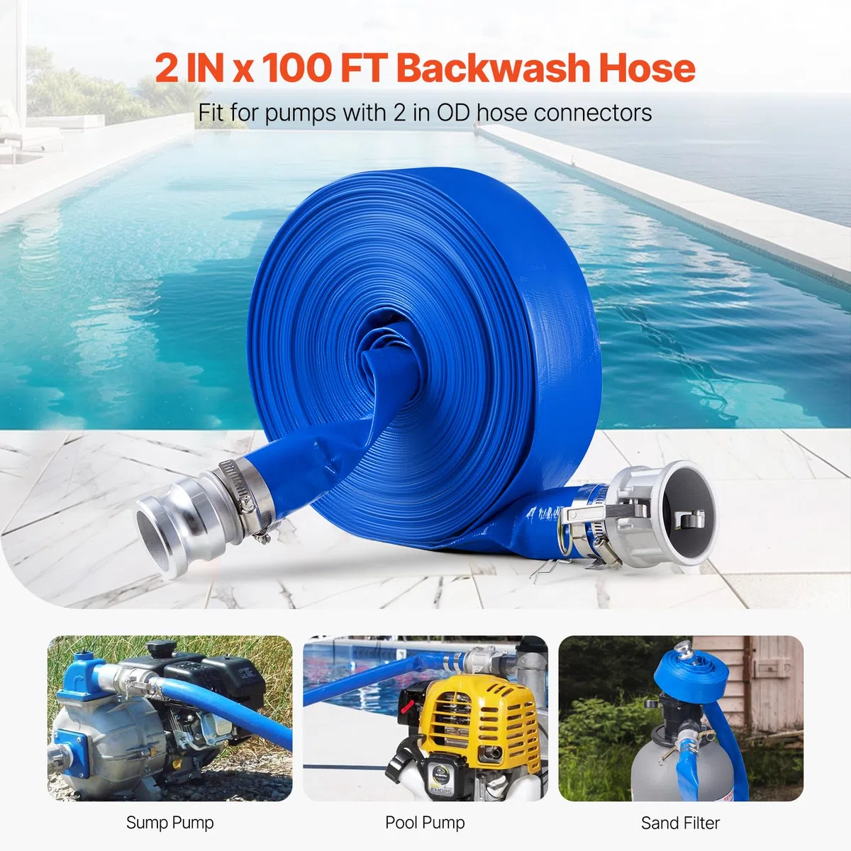 VEVOR Manguera de Retrolavado de 50,8 mm x 30,48 m, Manguera de PVC con Abrazaderas, Bloqueos de leva, Accesorios de Aluminio para Bombas para Tratamiento de Aguas Residuales, Transporte de Agua, Azul