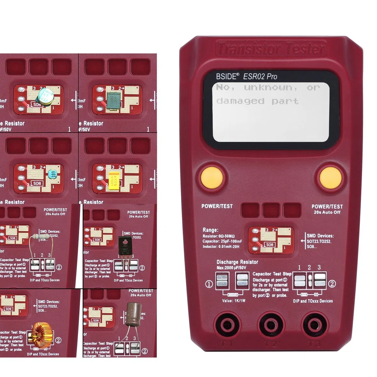BSIDE ESR02 PRO Probador de Transistores SMD Componentes Comprobador Mega328 NPN/PNP Diodo Resistor Inductor Capacitancia ESR Meter con pinzas