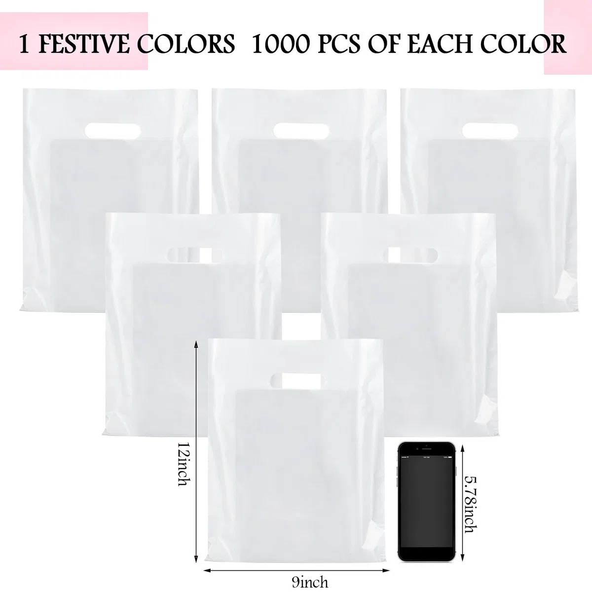 Kosiz 1000 bolsas de plástico para la compra a granel de 9 x 12 pulgadas, con asas troqueladas, pequeñas bolsas de regalo para negocios, cumpleaños, bodas, fiestas, suministros de Navidad (blanco)