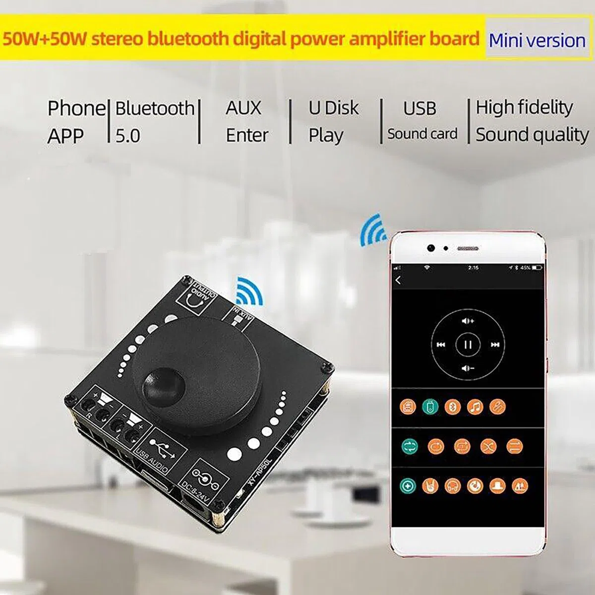 XY-AP50L - Placa amplificadora Bluetooth 5.0 de 50 W + 50 W amplificador de audio, entradas BT y AUX, módulo amplificador estéreo de 2 canales