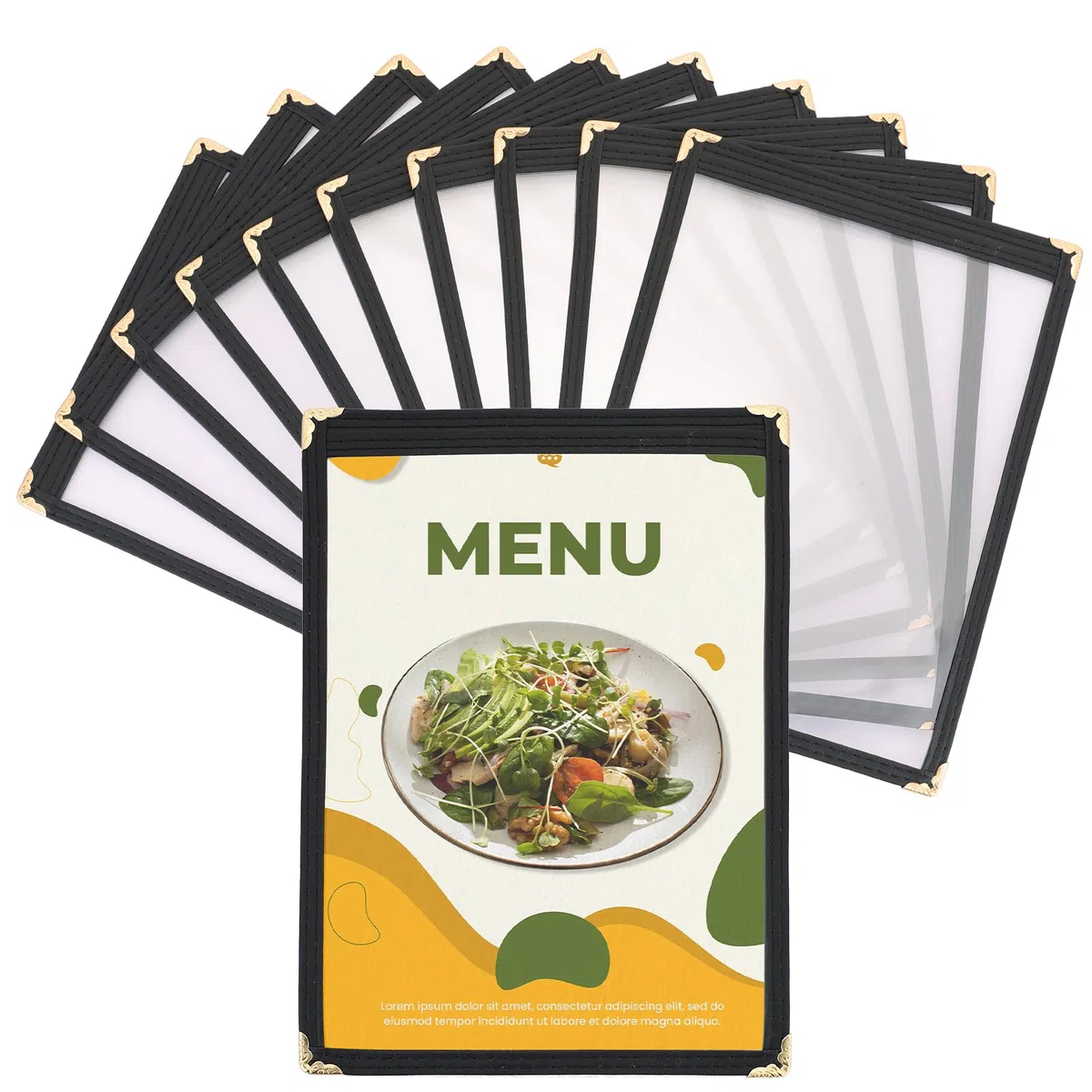 DASBET Cubiertas de menú A5, soporte para menús de restaurante, 1 página y 2 vistas, cubiertas de menú transparentes, carpeta de menús negra, libro de menús transparente con protectores de esquina de