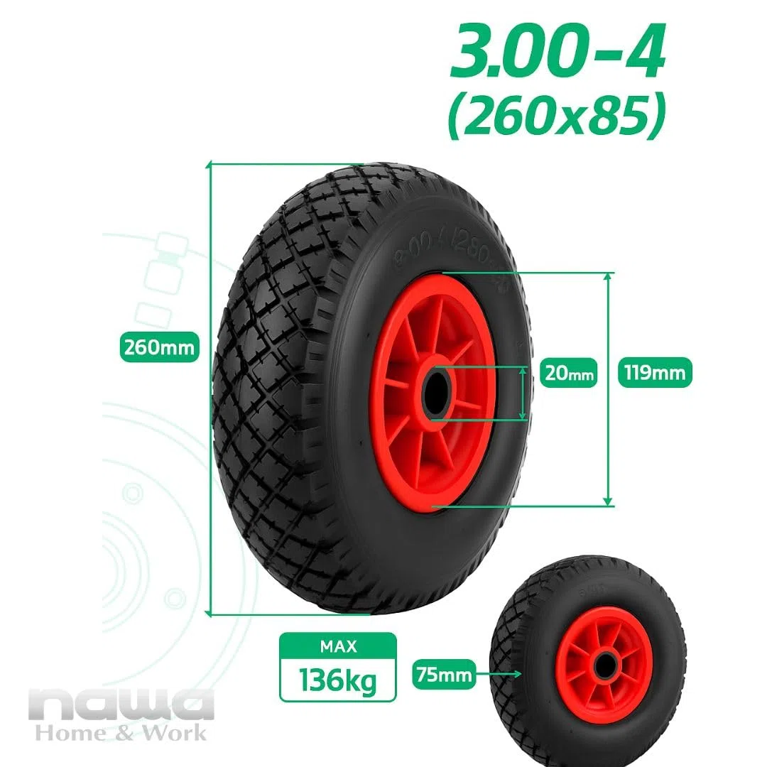 Ruedas Carretilla Inflables 3.00-4 (260x85 mm) - para Carretilla, Carro, Carretón. Rueda Completa: Neumático + Cámara de Aire con Válvula Acodada + Llanta de PVC Roja con Rodamientos de Rodillos.