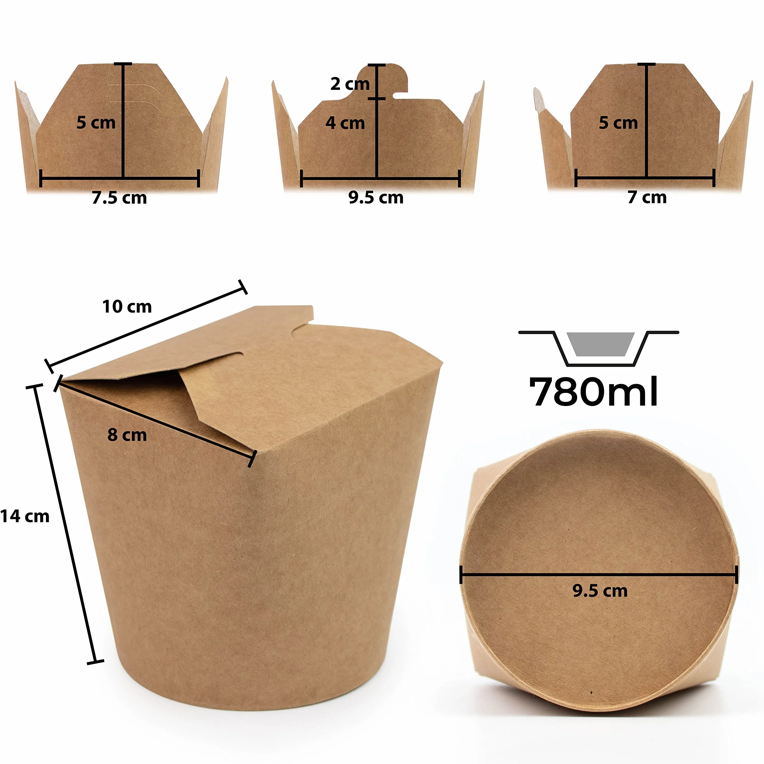 Paquete de 50 Cajas de Cartón Blanco, Pasta Box para fideos, pasta, platos preparados, platos asiáticos y orientales, ventas para llevar (Marrón, 780 ml)