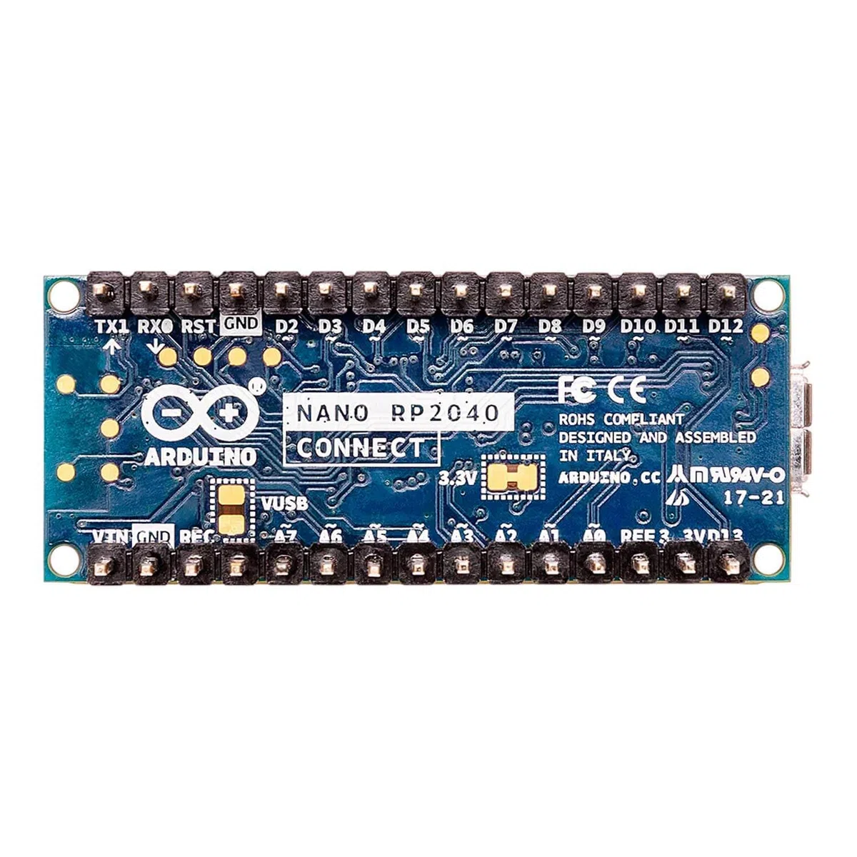 Arduino Nano RP2040 Connect with Headers [ABX00053] Microcontrolador de Doble núcleo con Wi-Fi, Bluetooth 5.0, sensores 3D y Conectores de Pines completos para proyectos de IoT y Edge Computing