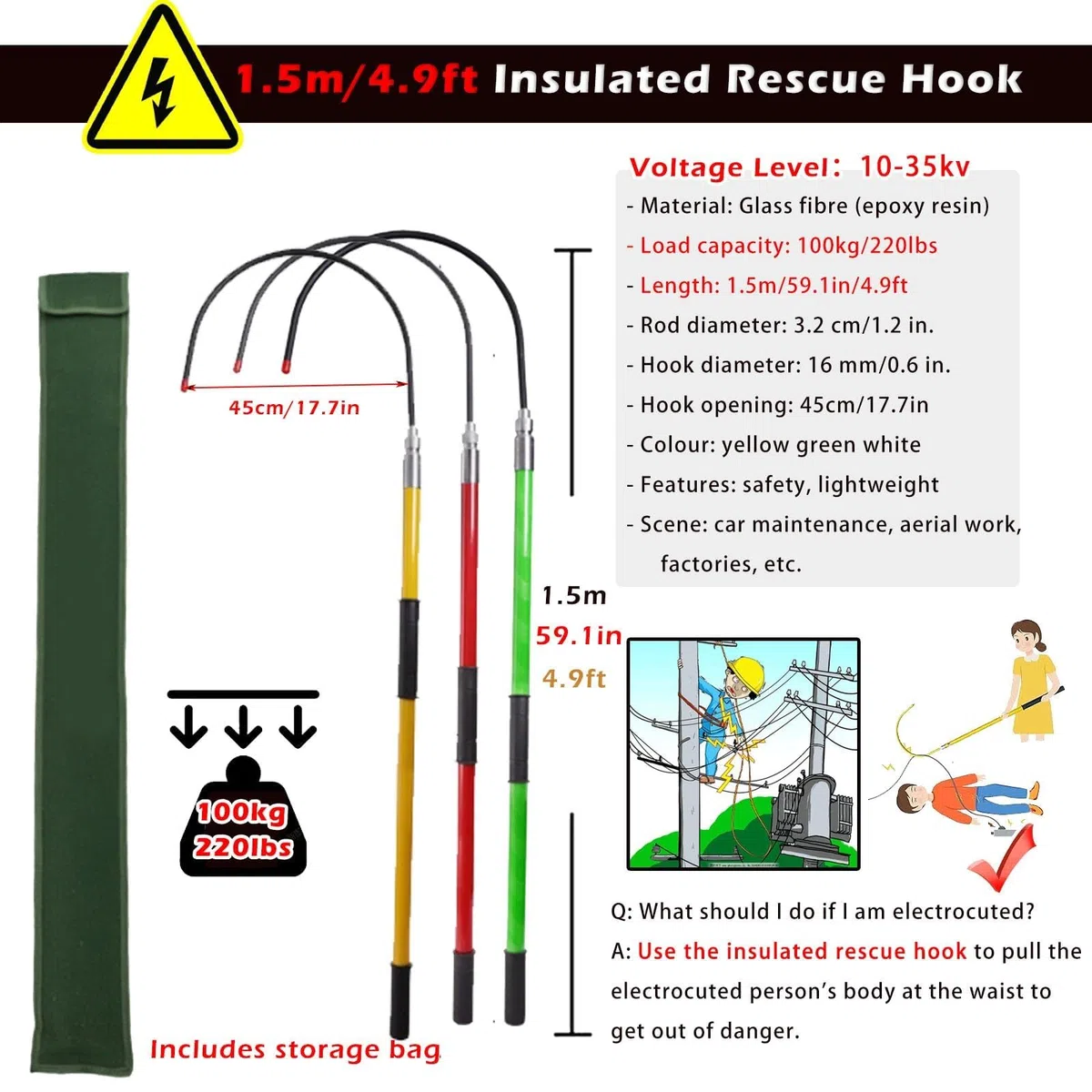 Gancho Aislado De Alto Voltaje, Pértigas De Rescate De Emergencia por Electrocución, Pértiga De Rescate De Seguridad para Electricistas, Seguridad Y Durabilidad