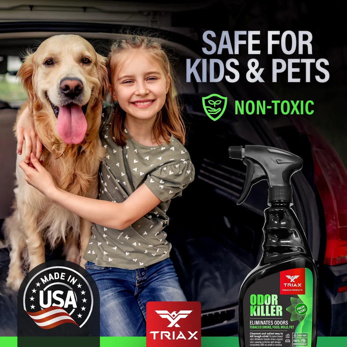 TRIAX Eliminador de olores avanzado, a base de enzimas, aroma fresco, no tóxico y 100% biodegradable, uso multisuperficie para alfombras, telas, superficies duras y más