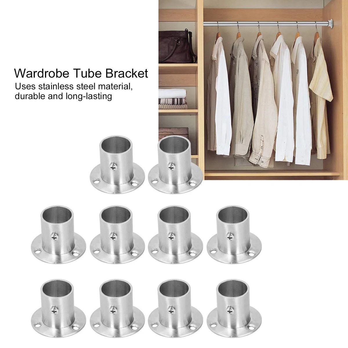 10 Piezas Bridas de Acero Inoxidable, Soporte para Tubería y Barra de Ropa 25mm, Conexión Resistente para Armarios, Base de Tubería Gruesa, Fácil Instalación - Incluye Tornillos