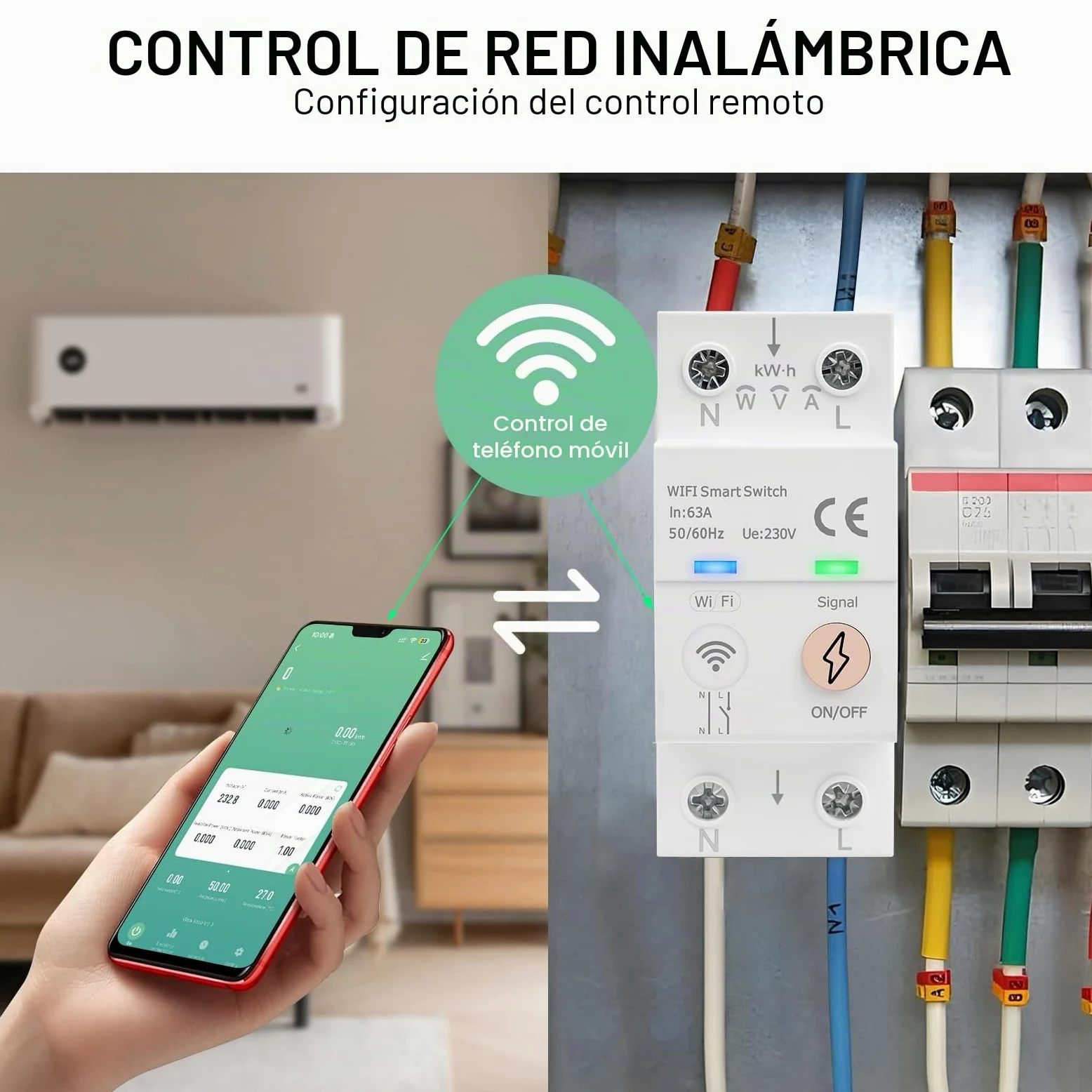 Disyuntor Inteligente WiFi Tuya Smart life APP Mando a Distancia Interruptor Inteligente 63A 80-300VAC Interruptor WiFi Control por voz medición de energía, temporizador (Versión en inglés)