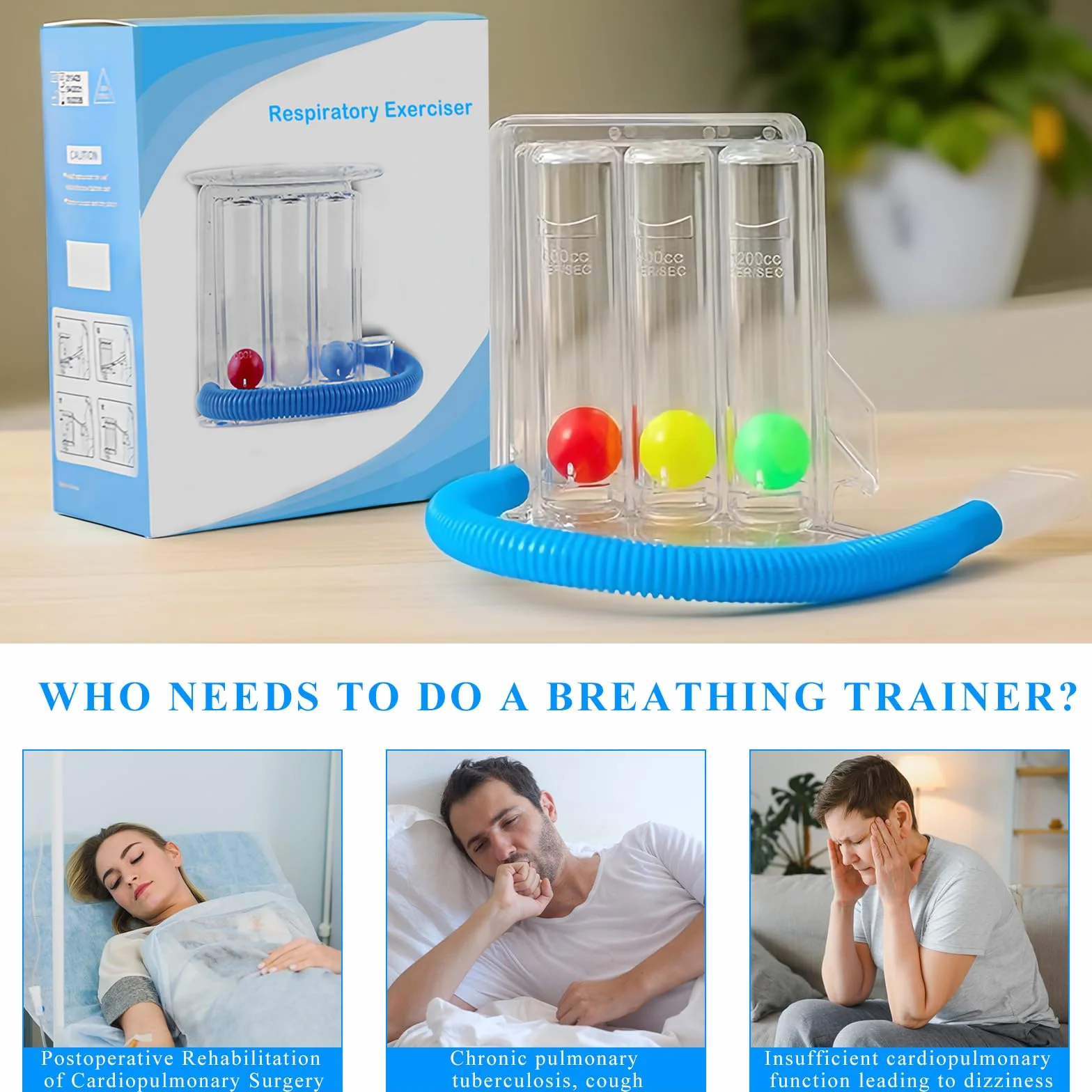 Ejercitador Pulmonar Respiratorio, Ejercitador de Pulmón, Ejercitador Respiración Profunda, Espirometro Incentivo de 3 Bolas, Breathing Lung Exerciser, Incentive Spirometer (600~1200CC)