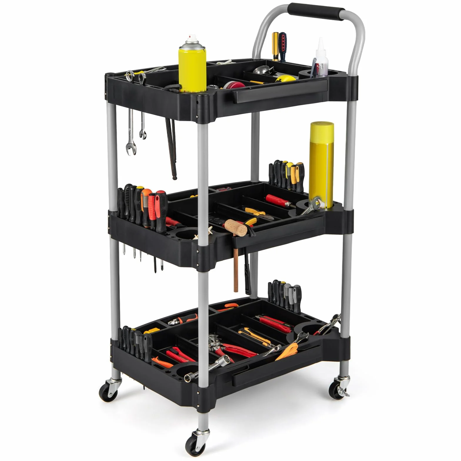 GYMAX Carro de Herramientas de 3 Niveles, Móvil con Asa, Ranura de Almacenamiento, Ruedas Universales, Organizador Resistente para Garaje, Barbería, Salón de Belleza, Taller