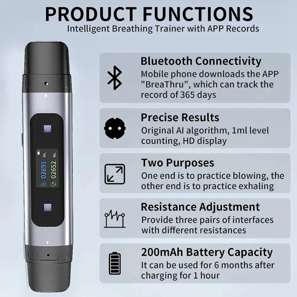 Espirómetro Bluetooth para Teléfono Móvil con Grabación de Datos, Equipo de Resistencia, Adecuado para el Entrenamiento de Respiración Pulmonar en Niños y Adultos.