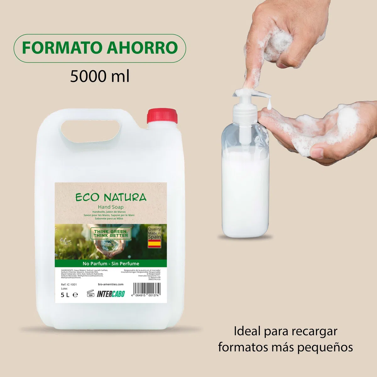 Jabón de manos 5 litros - garrafa formato profesional para dispensadores - limpieza diaria con pH neutro - apto para pieles sensibles - ideal para hoteles, colegios, oficinas - Intercabo